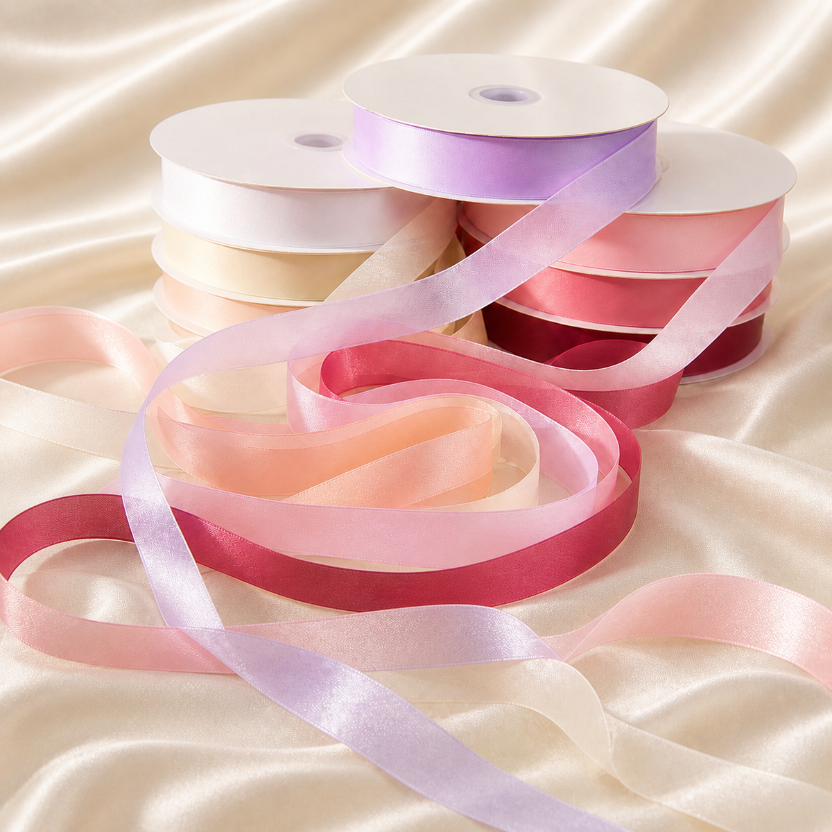 Role de panglică de satin și organza în nuanțe de roz, crem și bordo, pe fundal de satin ivory